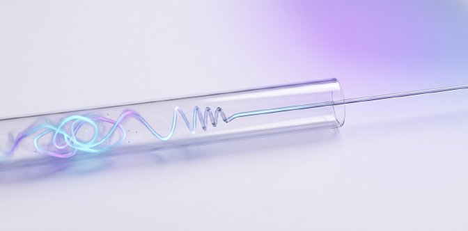 3D render of a luminous mist thread tightening into a straight metallic wire