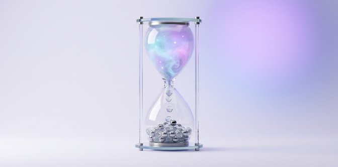 3D render of a glass balance scale, luminous mist on one dish and polished spheres on the other