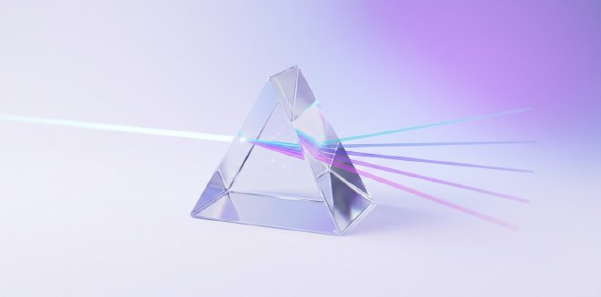 3D render of a glass prism splitting a beam of light into several diverging rays