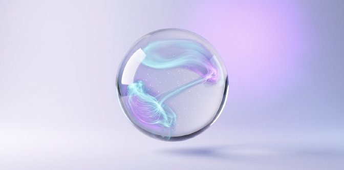 3D render of a sealed glass sphere containing three distinct currents of luminous mist