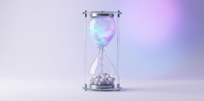 3D render of a glass hourglass, luminous mist in the upper chamber and polished spheres in the lower one
