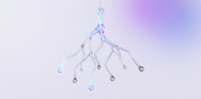 3D render of a network of vertical glass tubes branching from top to bottom