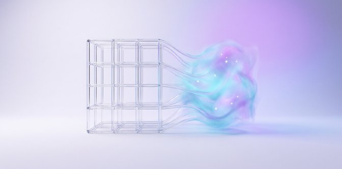3D render of a rigid glass lattice dissolving into flowing luminous mist