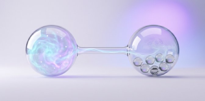3D render of two glass chambers joined by a conduit, with luminous mist and polished spheres