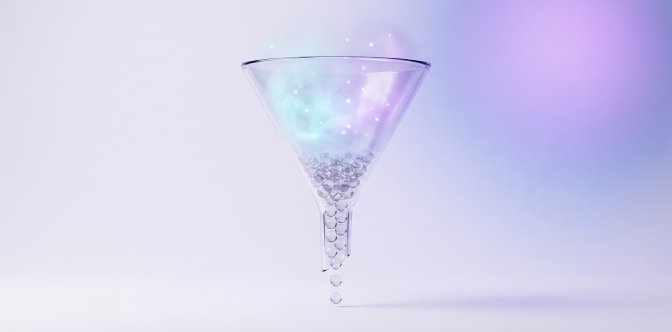 3D render of a glass funnel with luminous mist condensing into polished spheres