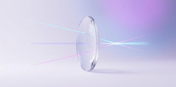 3D render of a glass lens converging three beams of light into a single core